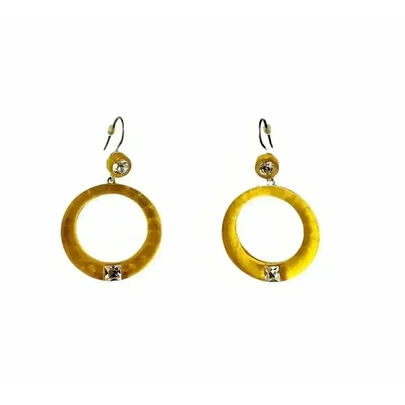 VTG Retro Yellow Frosty Resin Earrings Rhinestones Round Dangle Silver Tone - Picture 8 of 8